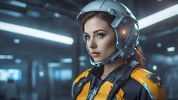 portrait realistic cyber Ukrainian girl half dressed appealing look gorgeous cyber advance technician costume, she is working in spacecraft hanger, relaxing after hard work, futuristic uplifting mood and motivation theme, science fiction, stunning intricate meticulously detailed dramatic digital illustration volumetric lighting, 250 megapixels 8K resolution, back-lit soft lights, photo-realistic arts, realistic photography, advance imagery techniques