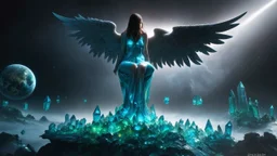 angel with a wings siting on the blue monolith made of blue tiberium crystals of lights, matrix universe, planets on the back grounds, green crystals of tiberium on the life and right