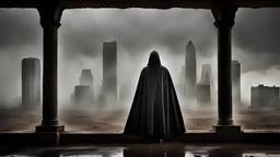 photography of a dark grey hooded man in the desert, rain, postapocalyptic, distant skyscrapers, grit,