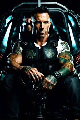 Jason David Frank Very muscular man with short hair and tribal tattoos and piercings. sitting in a helicopter, realistic face, close-up, dark fantasy, intricate details, hyper detailed