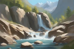 sunny day, rocks, waterfall, mountains, videogame influence of need for speed 4, anna boch impressionism paintings