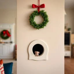 miniature christmas wreath hung over a mouse hole in a wall of a suburban living room, humorous, kitchy, photographic