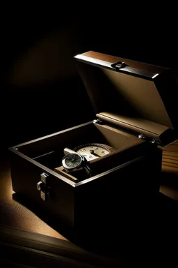 Produce an image of a Key Bey Berk watch box placed inside a safe or security vault. The dimly lit interior should enhance the feeling of protection and exclusivity. Showcase the watch box as a prized possession."