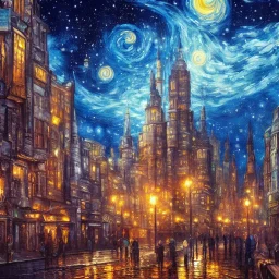 painting of a city in a fantasy starry night photorealistic