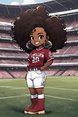 A sassy thick-lined comic book art cartoon image of a black chibi girl standing in front of a football stadium. She is wearing a University of South Carolina football jersey with tight white jeans and timberland boots. behind her curvy body. Looking up coyly, she grins widely, showing sharp teeth. Her poofy hair forms a mane framing her confident, regal expression. Prominent maekup with hazel eyes. Hair is highly detailed.