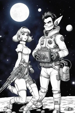 [art by Marcel Gottlieb, (aka Gotlib)] studygirl and fussel in space! fussel "SPACE, so wide ma eyes reachn´. are there any videogames on this ship?" mind the zombiedude, he´s taken from a chinese/hongkong comicbook called "robot caught the vampire at night", but the original is doper! can you find UATU?