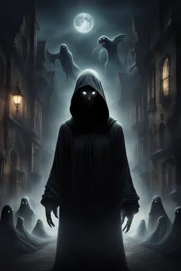 A captivating depiction in digital form, showcasing a plethora of ghost creatures thriving within a surreal and lively black hooded shadows realm. This imaginative artwork embodies the essence of supernatural fiction, presenting a medium shot composition with fantastical beings that are unique, belonging to a world beyond our own. A an old city of creatures out of this world enhanced by dark atmospheric lighting, Busch painting style nightmare. Thin line draw style