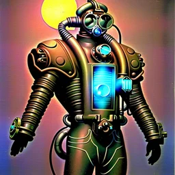 90's retro scifi art of a steampunk diver with big armor