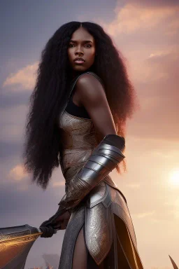 A black woman with silky long hair, wearing revealing combat armor, fantasy setting, ethereal, soft lighting