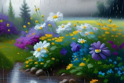 Oil painting of a landscape, wit several kinds of summer flowers blossoming, on a rainy day, realistic colors, ultra high details