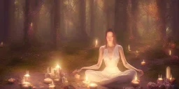 7 woman from all over the world, sitting in a cirle surrounded by candles and crystal, meditating in a enchanted forest, fotorealistic, high quality, landscape