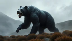 Photorealism. Fantasy fictional carnivore cave bear like creature that is dark grey in color. low hills and bushes in background.