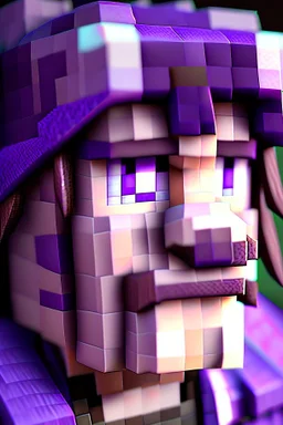 a close-up portrait of a purple Minecraft character, 3d, large pixel style