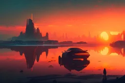 distant city, cars, sunset, lake, sci-fi, epic