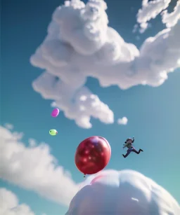 Ultra realistic clouds sky scene, medium shot view, portrait, sweet monster Childs free jumping flying, trinkets, jelly beans, inflatable helmet, smile, happy, Wes Anderson style, Peter Pan, inflatable color clothing, extreme, wind, clouds sea, 20,000 feet altitude, stratosphere, soft color, highly detailed, unreal engine 5, ray tracing, RTX, lumen lighting, ultra detail, volumetric lighting, 3d, finely drawn, high definition, high resolution.