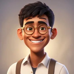 a portrait of smiling man. caricature. very short black hair. brown skin. black eye pupils. circle eyeglasses with thin gold frame. oblong face shape. white shirt with black vest. pixar style. 3D. 4k. portrait. highly detailed. sharp focus. high resolution. full color. cinema lighting