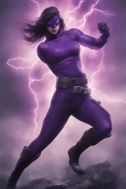 THE PHANTOM, Strong, athletic physique, action poses, skin-tight, formfitting purple bodysuit, skin-tight, formfitting purple cowl, black eye disguise, black utility belt, double holstered pistol belt, black knee-high boots, glowing white eyes, battle scars, blood, ((foggy, cloudy background, multicolored lightning, flowing lava, Full Eclipse, aliens, explosions, bright, vibrant, extremely colorful, detailed, blood red skies))