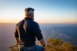 a brawny man with grey hair views sunset from a cliff