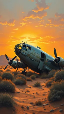 A whole body of a side view of a1950 military 2 engines airplane with broken glass and doors in front of crashed in realistic desert sunset with sand dunes , in a forgotten battlefield over run by vegetation, cutesy tiktok detailed oil painting, grainy, old style