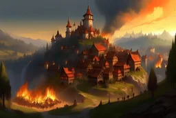 fantasy town with castle on hill town at base of hill on fire
