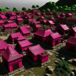 A dark reddish magenta village designed in Ica stones