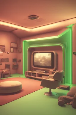 scene of a big cozy underground survival bunker with round blast door, pistachio-colored walls, recreation zone, 80s aesthetic, big tv, VR headsets, videogame consoles, board games, cozy chair, bright accent lighting, cinematic, octane render, rim light