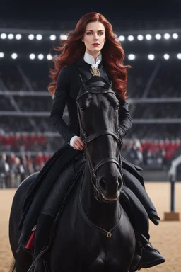 A portrait of a human woman with long brown hair and red eyes wearing competitive horse riding clothes, riding a black horse, modern dressage arena setting, anime style, intricately detailed, masterpiece, HD, 4k