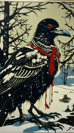 A contemporary serigraphy painting by Matisse of a human-like and happy crow adorned in a punk leather jacket within a snowy Christmas atmosphere.