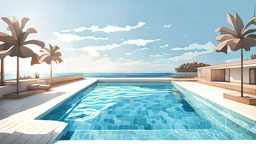 illustration of swimming pool, ocean view, stable diffusion