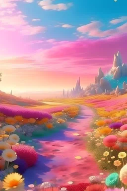 meraviglioso paesaggio fatato, fiori di dimensioni naturali color pastello, sentiero con cristalli colorati luminosi, orizzonte luminoso alta definizione