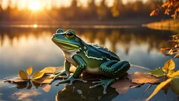 a frog sitting at a pond, only the frog made of ral-semiconductor, haze lighting, sunset, autumn, 4k, uhd, masterpiece