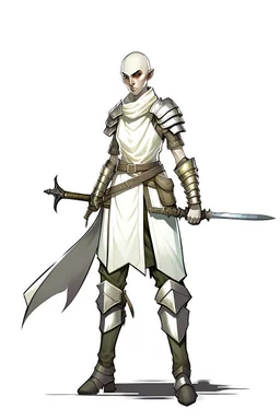 full length, tall 22-year old, shaved head, grey-eyed female cleric wearing scale mail with a sickle