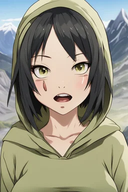 toph bei fong, croppedhoodie, rolling eyes, tongue out, saliva drip, open mouth,underboob, mountainous horizon, 1girl, toph, bangs, black hair,saliva drip, blind, grey eyes, hair between eyes, hair bun, hairband, short hair, cropped hoodie underboob, cropped hoodieunderboobhoodie