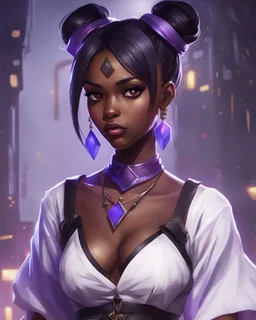 arcane tv show style, league of legends, solo, 1girl, attractive teenager, african, dark skin, dark-brown eyes, black hair, pair buns, violet strands of forehead bangs, necklace, earrings, modern makeup, (detailed skin texture), white oversize shirt