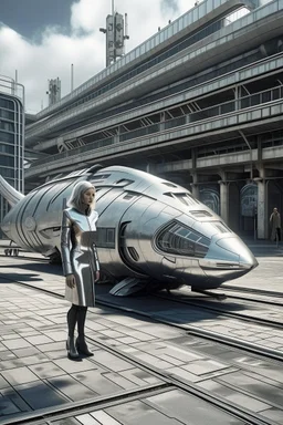 a photorealistic sleek, long, silver spaceship sitting in the street of a dystopian futuristic ruined alien city, with a woman in a silver suit, standing in front