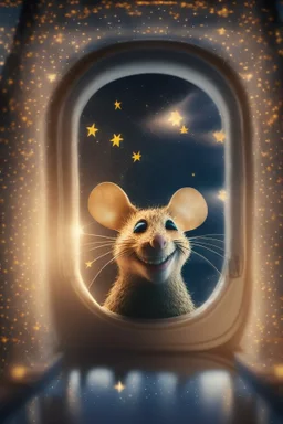 smiley mouse with background star field seen in the window of a boat, 4 k, trending art, depth of field, high detail, high contrast