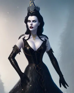 old evil queen in black leather gown, femme fatale, volouptous, busty, cleavage, angry, emperious, 8k resolution concept art portrait by Greg Rutkowski,