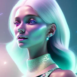 A portrait of a crystalised girl,smiling, laughting longs normal hairs white , atmospheric, realistic,, cinematic lighting, octane render,, pink turquoise light, white skin