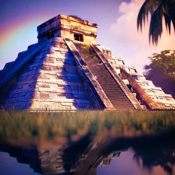 Chichen Itza, sunset, rainbow sunset, waterfall, palms, twigs, spring, sunset rainbow, bridge birds, unreal engine 5, cinematic lighting, realistic, hyper detailed, 8k, octane render