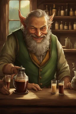 [coffee] In the Green Dragon, the smiling hobbit worked behind the bar. Though small in stature, none was more joyful in service. His eyes, bright as sunrise and always upturned in mirth, inspected beans from distant lands. From the machine poured drinks like liquid gold. Each shot drew from him a chuckling sniff, scents of exotic hills filling his head. With care he textured cream, lips still smiling as lofty peaks crowned. Patrons gathered round pots steaming, laughter echoing as in a hobbit-h