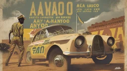 "I'm envisioning a sensational poster for '<Achayo> Vintage Rally Racing: Car vs. Lion Showdown.' The backdrop should showcase an Ethiopian cityscape, providing an urban setting for the vintage rally action. In the foreground, a stylish vintage rally car stands ready, its driver geared up for the ultimate showdown. Next to the car stands a majestic lion, symbolizing the power and strength of nature. Use earthy tones for the city background, vibrant colors for the rally car, and natural tones for