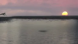 evening calm atmosphere, lake + moon, figure of a horse rider on the horizon