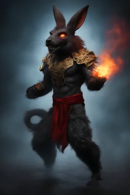 full body, head to toe, 3D, Flash, the anthropomorphic black Chinese Indian werewolf rabbit with Long wavy, curly (((red hair))) breathing fire, resembles Elvis Presley - full color - 32k, UHD, 1080p, 8 x 10, glossy professional quality digital photograph - dark foggy gradated background, historic, powerful, octane rendering, exquisite detail, 30 - megapixel, 4k, 85 - mm - lens, sharp - focus, intricately - ((skin details, high detailed skin texture