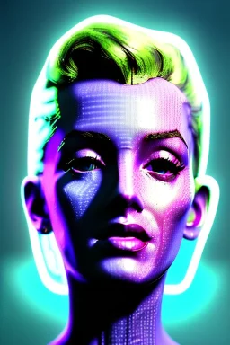 Ultra Realistic image, portrait, blonde woman, Marylin Monroe face, perfect iris, glow eyes, glow makeup. Cyborg, Cyberpunk, ex machina style, wires, oversized tight latex dress. fog, rain, soft color, highly detailed, unreal engine 5, ray tracing, RTX, lumen lighting, ultra detail, volumetric lighting, 3d, finely drawn, high definition, high resolution.