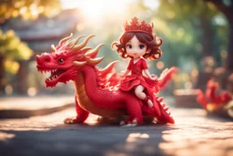 a cute chibi red lace princess sitting on a wild chinese dragon and dynamically riding it in sunshine, cinematic postprocessing, bokeh, dof