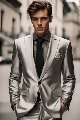young man wearing expensive suit and silver jewelry