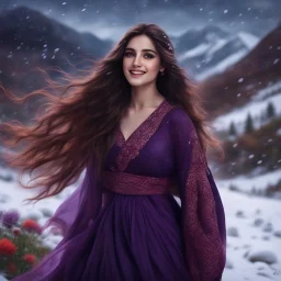 Hyper Realistic close-up-view of a Gorgeous-Happy-Young-Pashto-Women-with-beautiful-eyes & her-long-hair-whirling wearing purple-dress & black-shawl-with-maroon-embroidery on mountains-with-flower-garden at heavy-snowfall night withy dramatic & cinematic ambiance