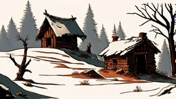 a lonely old adobe hut with worn adobe brown-gray wall and a small window, a crumbling roof, an old chimney stands on a hill, next to it is a small woodshed by the wall, and an old withered tree leans over the hut on thr old tree sitting a black crow, the hut stands on the edge of a European forest, winter, snowy landscape, low light, dawn, snow, high detailed, sharp focus, high realistic, perfect photo