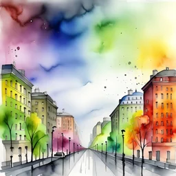 November cloudy gloomy rainy day in the city, watercolor, visible rainbow in distance