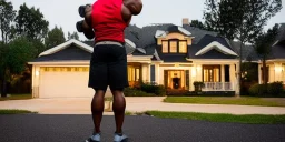  An epic photo of a swole black man lifting dumbells in front of his house at twilight